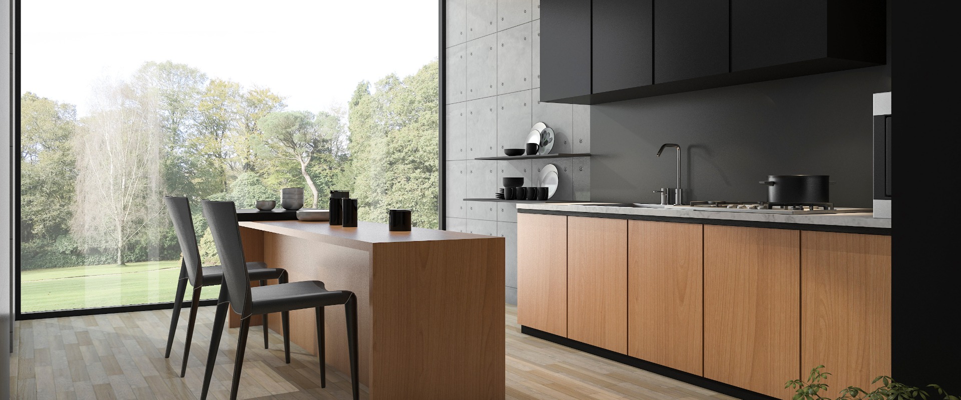 3d Rendering moderne schwarze Küche mit Holzeinbau