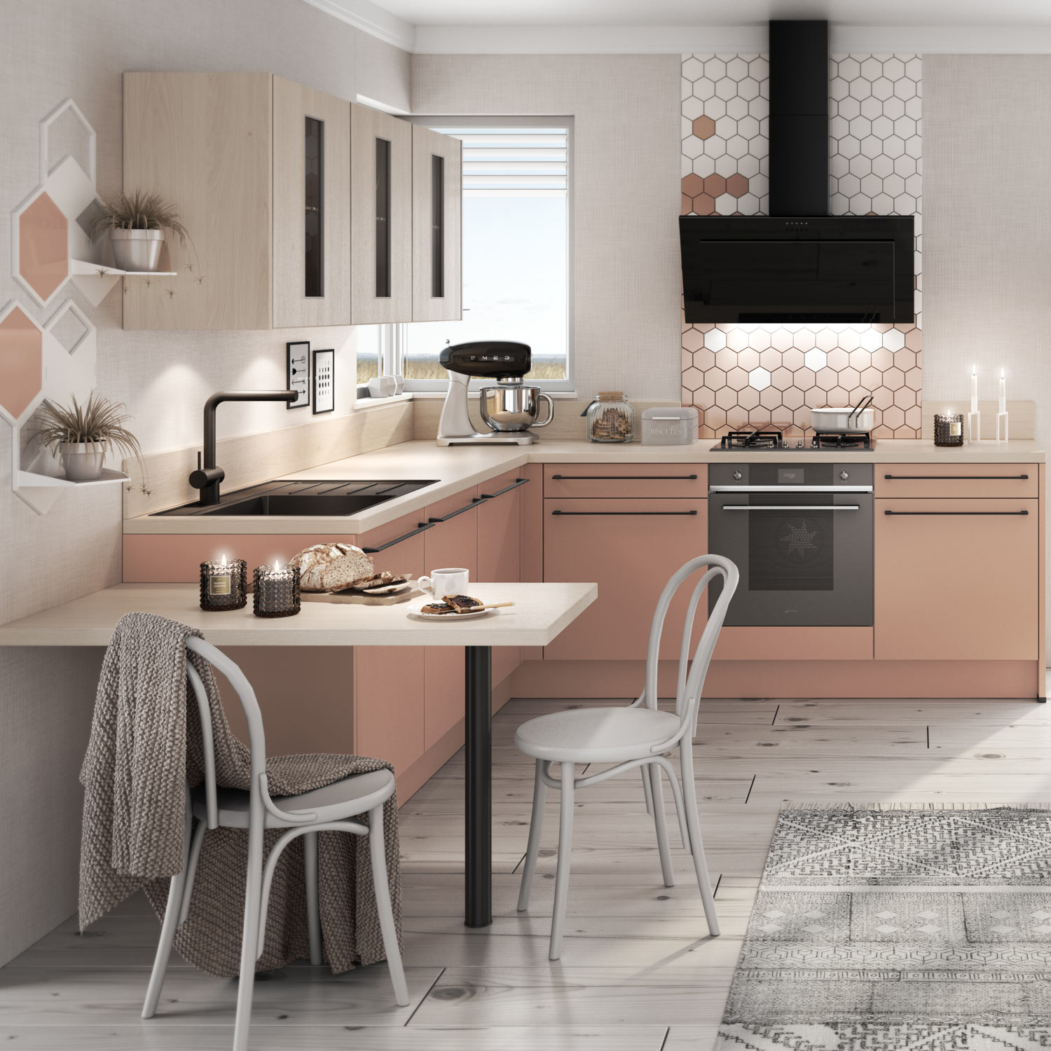 Eine moderne Küche mit rosa Schränken und Wabenfliesen wirkt freundlich und hell