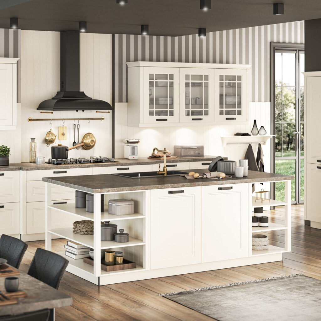 Elegante weisse Kueche mit Kochinsel, offenen Regalen und modernen Akzenten