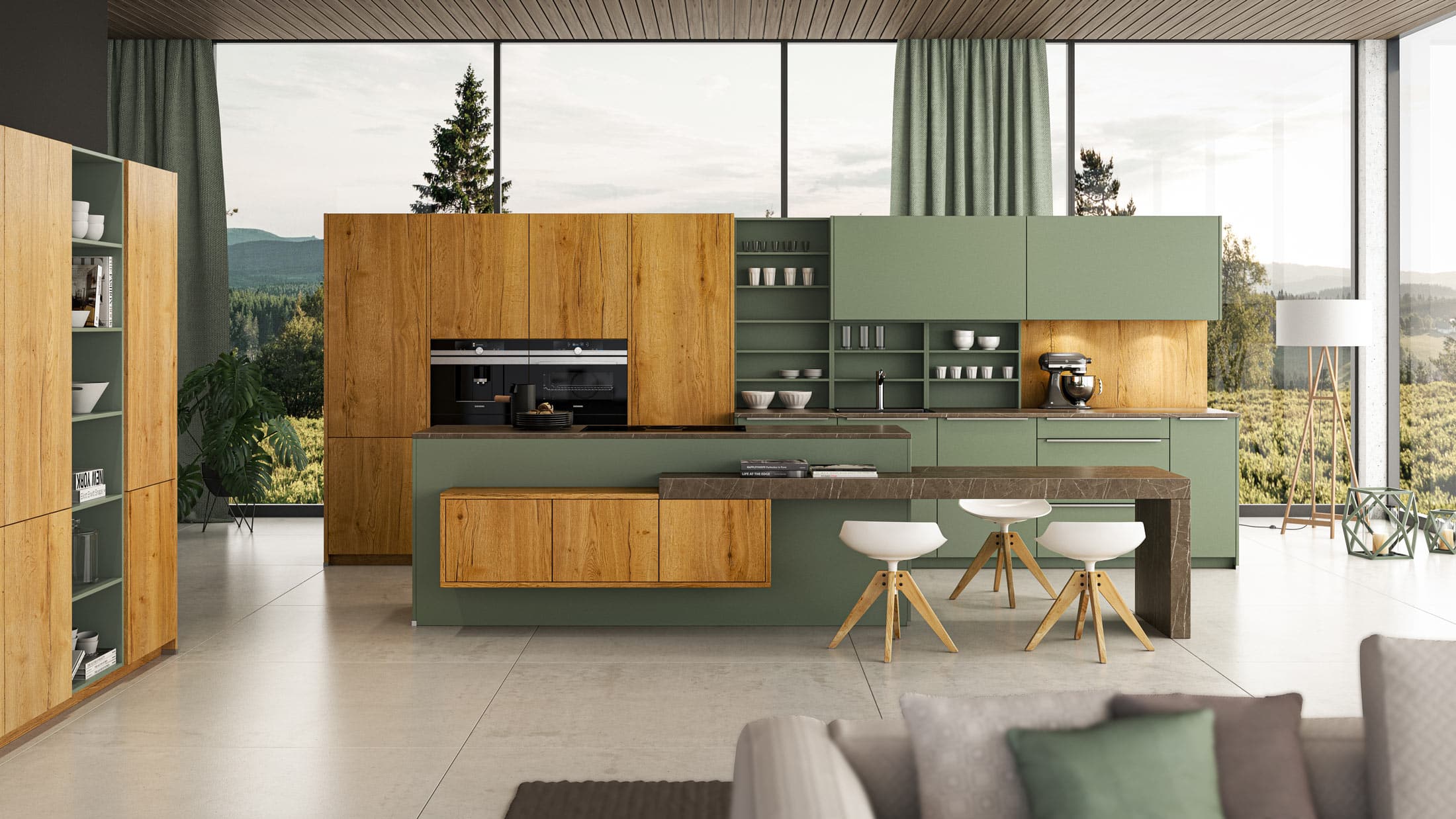 Moderne Küche in Grün und Holz mit großen Fenstern und stilvollen Barhockern