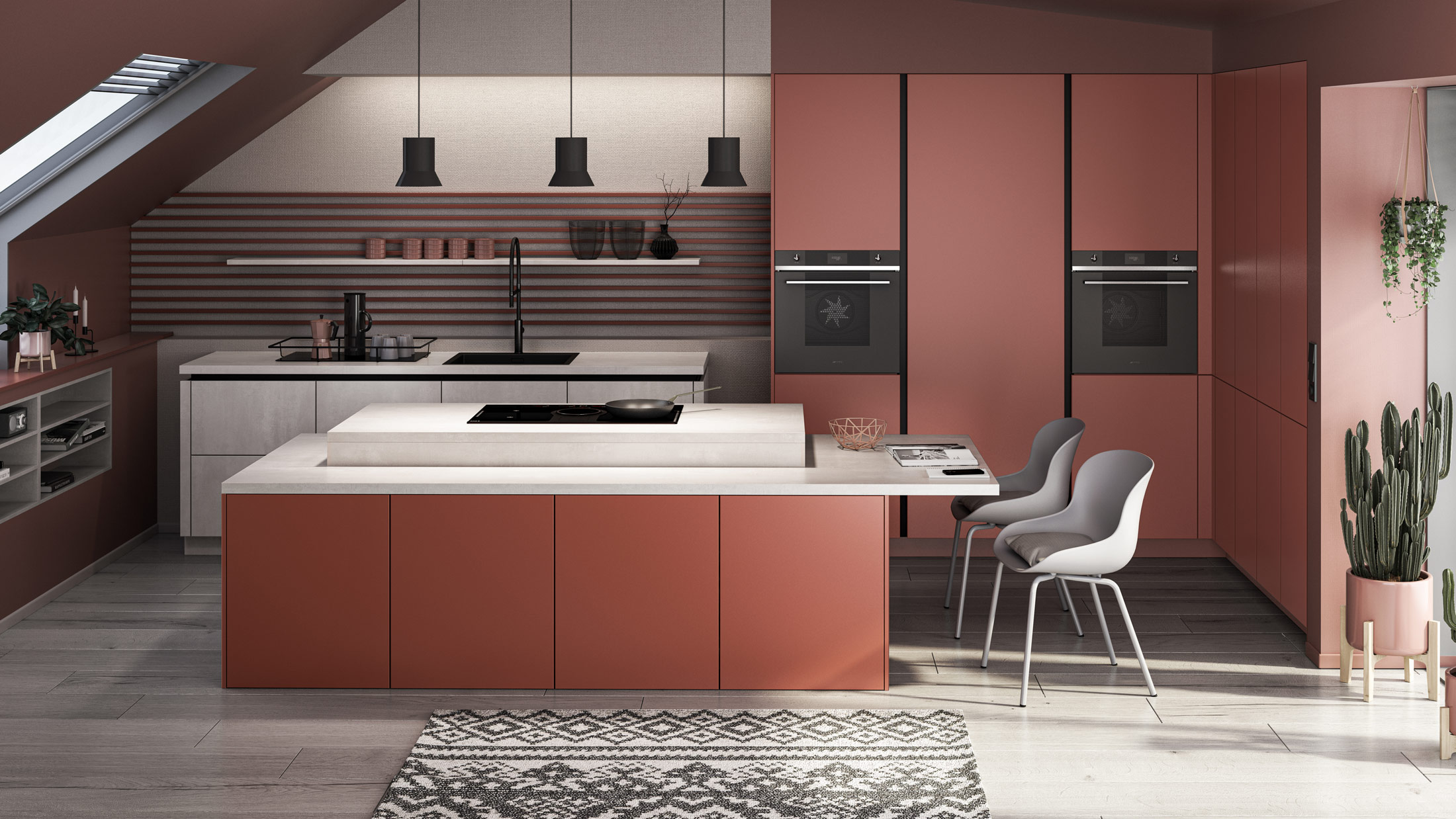 Moderne rote Küche mit Kochinsel, Hängelampen und großen Fenstern unter Schrägdach