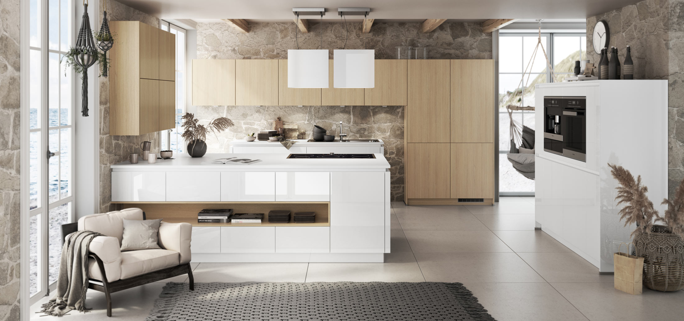 Moderne Küche mit hellen Holzelementen, Steinwand und grosser Kochinsel