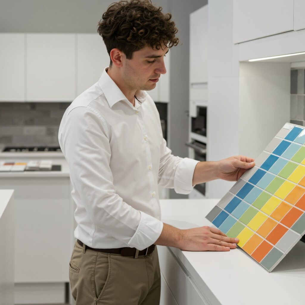 Ein junger kaukasischer Mann betrachtet sorgfältig eine bunte Fliesenmustertafel, während er in einem modernen Küchenausstellungsraum steht und Optionen für eine Hausrenovierung erwägt.