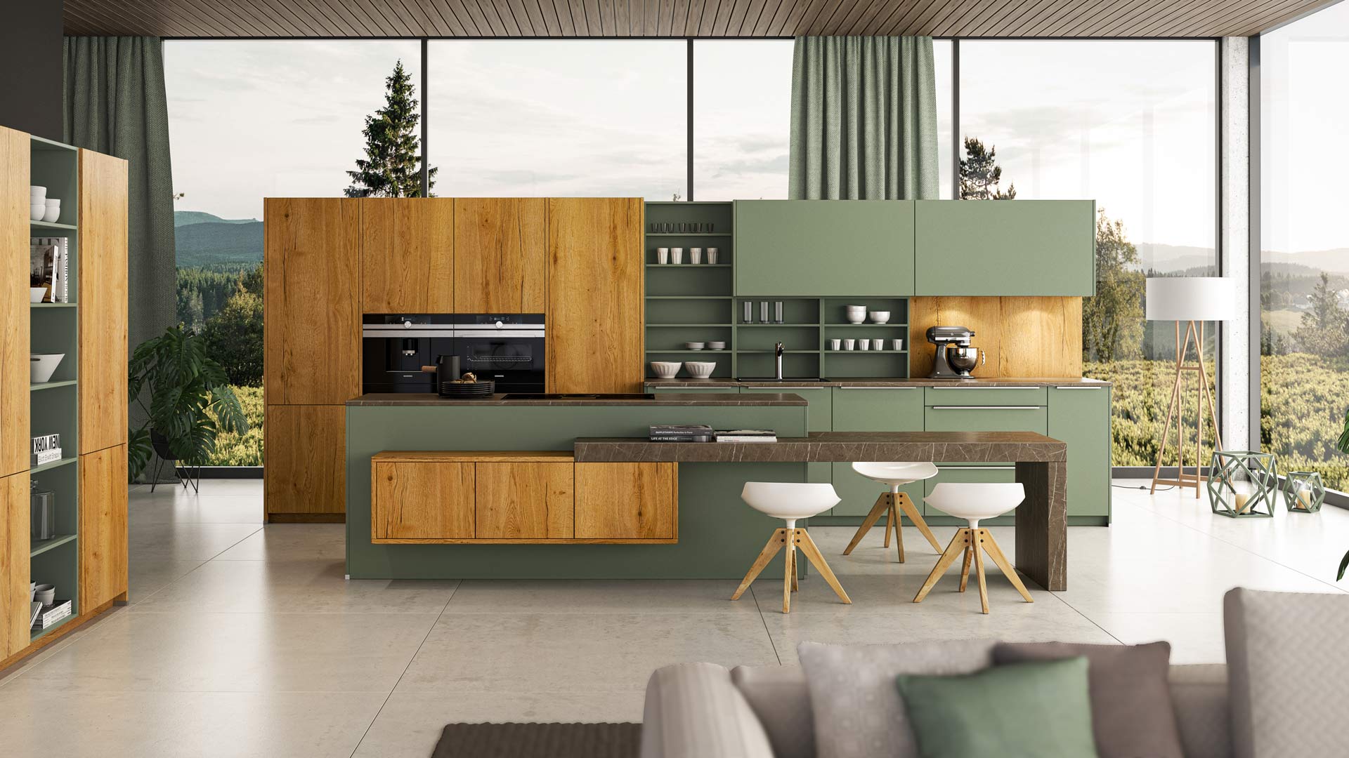 Moderne Küche mit grünen und Holz-Elementen, großen Fenstern und Barhockern